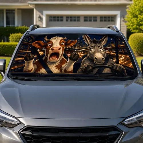 Funny Cow And Donkey Night Drive City Scene For Daily Commuters And Road Trip Lovers Car Sunshade