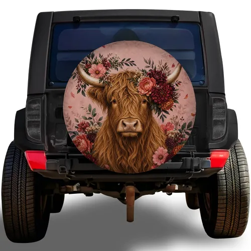 Floral Crown Highland Cow Rustic Boho Road Trip Gift For RV Camper Travel Lovers Spare Tire Cover
