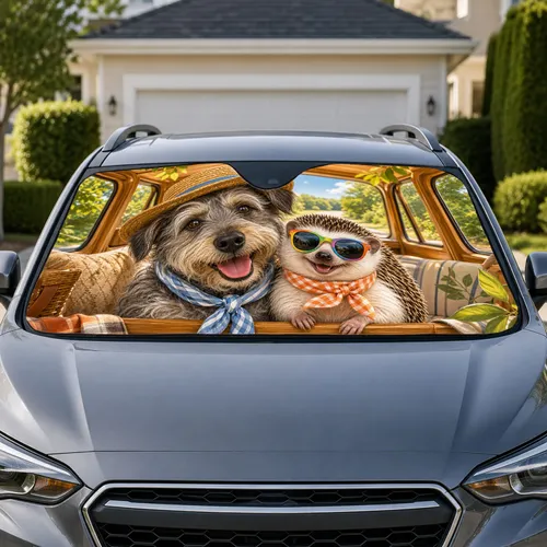 Scruffy Terrier And Hedgehog Summer Road Trip Adventure For Pet Loving Travelers Car Sunshade