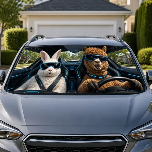 Rabbit And Alpaca Futuristic Cockpit Scene For Animal Lovers On Summer Road Trips Car Sunshade