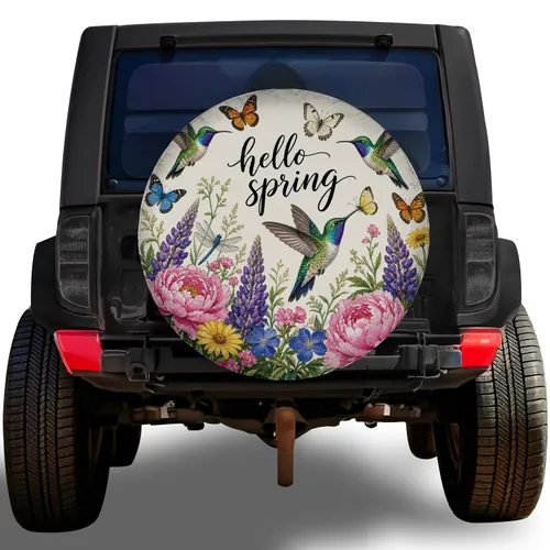 Hummingbird Floral Garden Hello Spring Outdoor RV Camping Decor for Nature Lovers Spare Tire Cover
