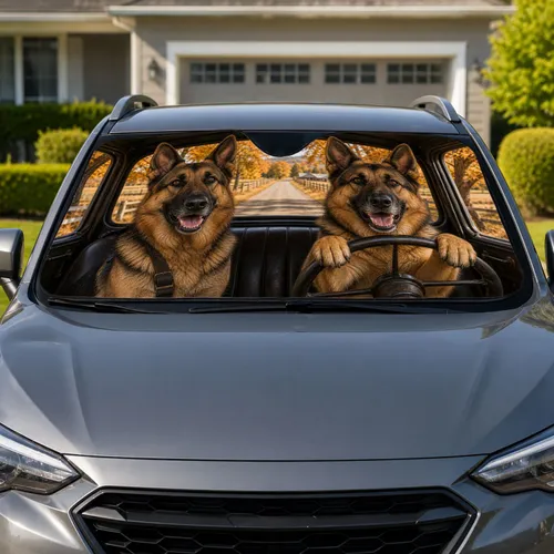 German Shepherds Driving Vintage Car For Autumn Road Trips And Daily Commutes Dog Lovers Car Sunshade
