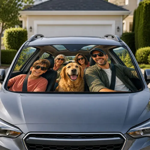 Family Road Trip With Golden Retriever Mountain Adventure Travel Gift for Dog Lovers Car Sunshade