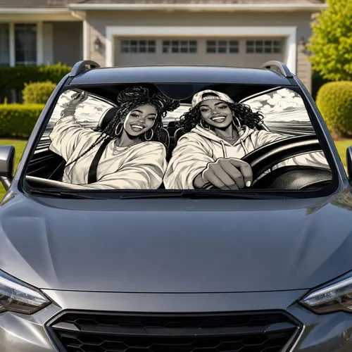 Joyful Black Women Road Trip Comic Style Summer Travel Accessory for Women Drivers Car Sunshade