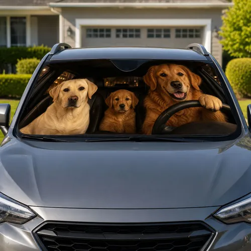 Three Friendly Dogs In Cozy Vehicle Interior For Summer Road Trips And Daily Commutes Car Sunshade