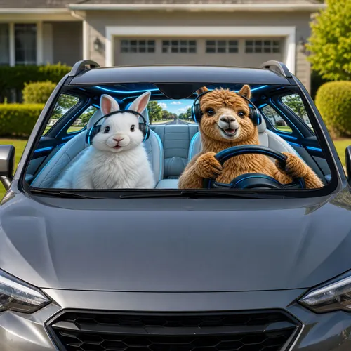 Rabbit And Alpaca Neon Road Trip Scene For Daily Commutes, Parking And Animal Lovers Car Sunshade