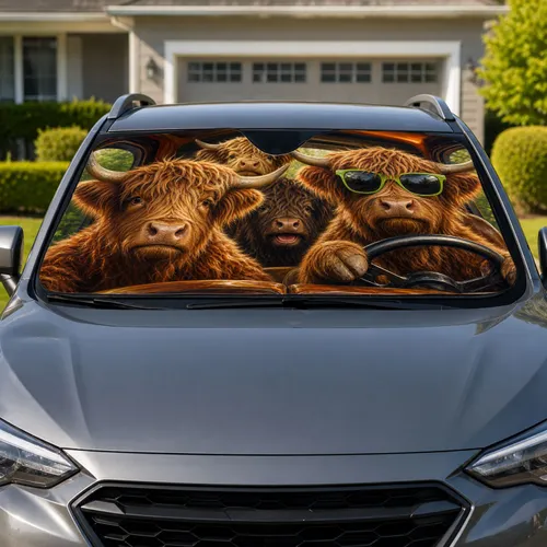 Highland Cattle Road Trip Scene For Funny Farm Animal Lovers Summer Driving Gift Car Sunshade