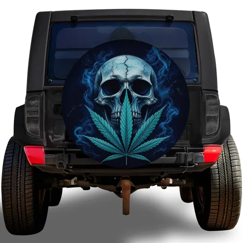 Blue Skull Cannabis Leaf Smoky Gothic Road Trip Style For RV SUV Truck Campers Fans Spare Tire Cover