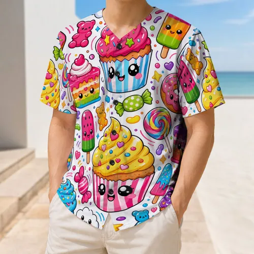 Kawaii Cupcakes Donuts And Rainbow Candy Desserts For Sweet Party And Festival Style Baseball Jersey