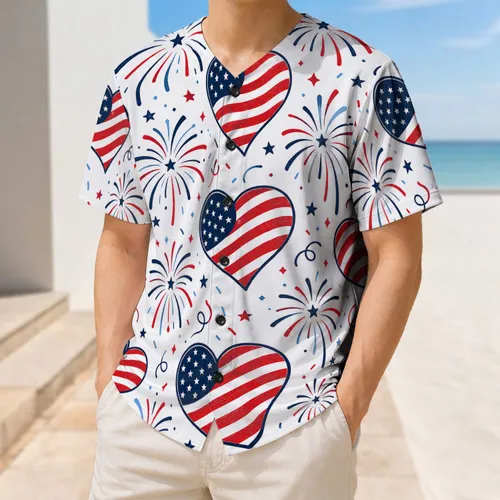 Patriotic American Flag Hearts And Fireworks Fourth Of July Party Wear For Men Baseball Jersey