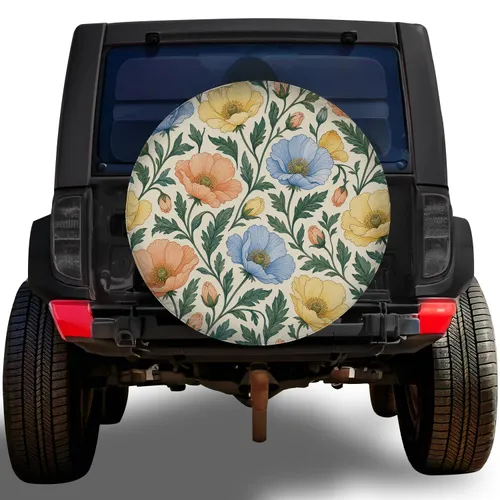 Pastel Poppy Meadow Floral Garden Decor For Boho RV Trailer Camping Travel Lovers Spare Tire Cover