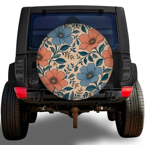 Retro Coral And Blue Botanical Flowers For RV Camping, Trailer Trips And Outdoor Travel Spare Tire Cover