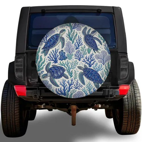 Blue Sea Turtles And Coral Ocean Decor For Coastal RV Camping And Marine Adventure Lovers Spare Tire Cover