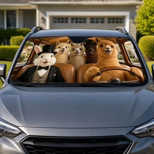 Whimsical Rabbit And Alpaca Road Trip Crew For Cheerful Family Travel Adventures Daily Car Sunshade