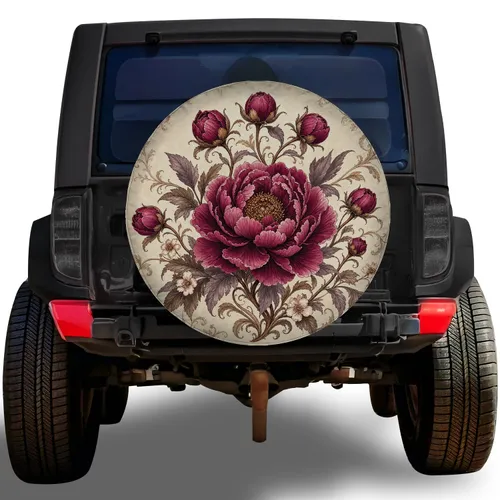 Vintage Burgundy Peony Floral Art Nouveau Garden Style For RV Trailer Camping Trips Spare Tire Cover