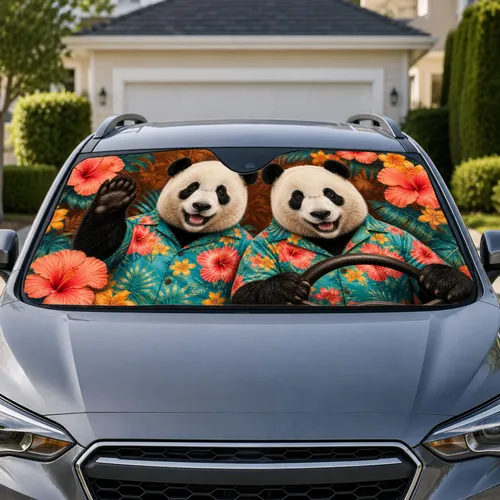 Tropical Hawaiian Shirt Panda Pair For Summer Road Trips And Beach Travel Car Sunshade