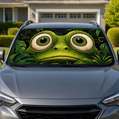 Wide-Eyed Green Frog Jungle Decor For Funny Road Trips, Commuters And Nature Lovers Car Sunshade