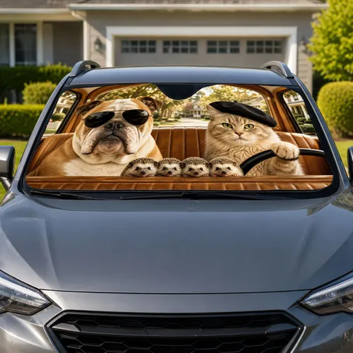 Bulldog Cat And Hedgehogs In A Vintage Neighborhood Scene For Animal Loving Drivers Car Sunshade