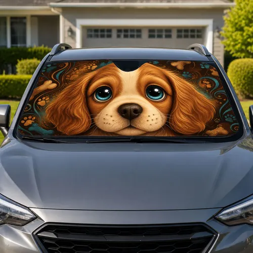 Cute Wide-Eyed Puppy Face With Paw And Bone Motifs For Pet Lover Road Trip Travel Gifts Car Sunshade