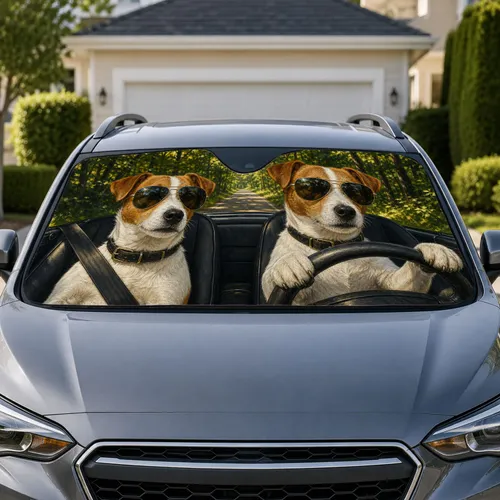 Jack Russell Terriers In Aviator Sunglasses Country Road Adventure Gift for Dog Lovers Car Sunshade