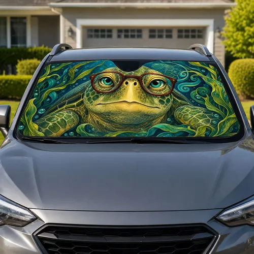 Wise Sea Turtle With Round Glasses Underwater Ocean Decor For Beach Road Trip Lovers Car Sunshade