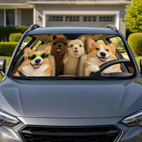 Smiling Corgi And Alpaca Road Trip Crew With Sunglasses For Dog Lover Summer Travel Car Sunshade