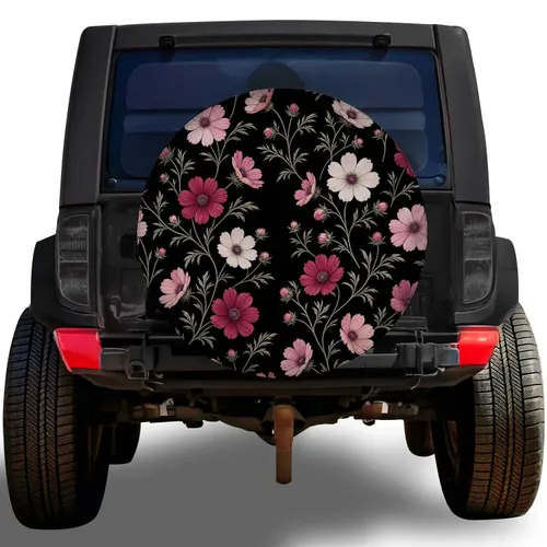 Pink Cosmos Wildflowers on Black for RV Camping Trailer SUV Outdoor Travel Style Spare Tire Cover