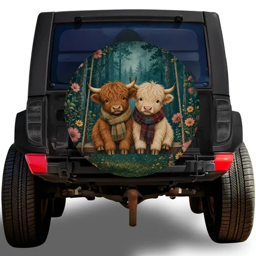 Highland Calf Siblings On Floral Swing For Rustic Woodland Camping Adventure Lovers Spare Tire Cover