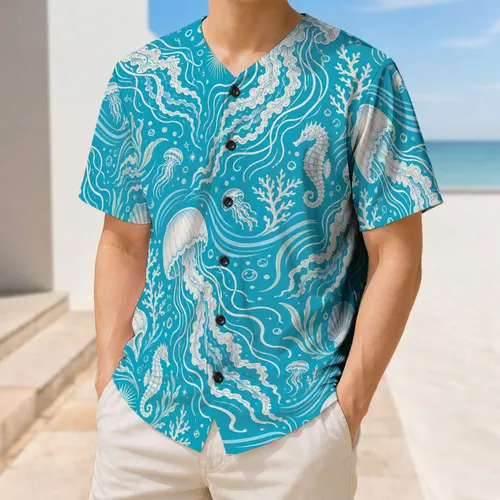 Turquoise Jellyfish And Seashell Coastal Ocean Wear For Beach Vacations And Resort Travel Baseball Jersey