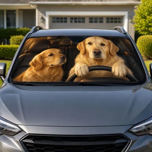 Golden Retriever Dogs Driving For Cozy Road Trip Adventures And Dog Lover Gift Fans Car Sunshade