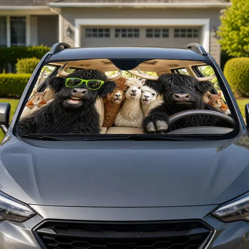 Highland Cow And Alpaca Road Trip Scene For Funny Summer Travel Animal Lovers Gift Car Sunshade