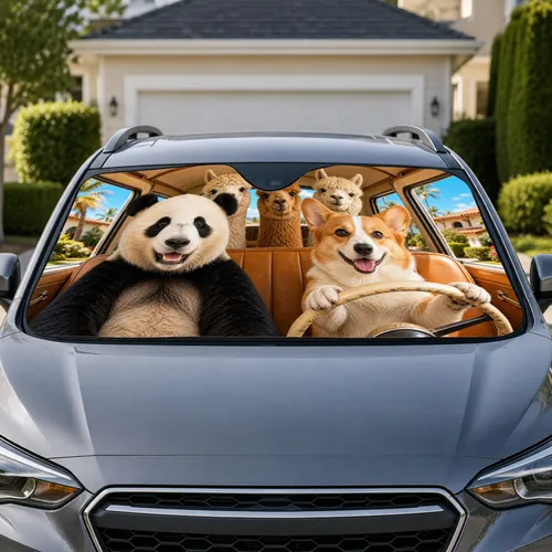 Panda Corgi And Alpaca Vintage Road Trip Scene For Summer Travel Animal Lovers Gift Car Sunshade