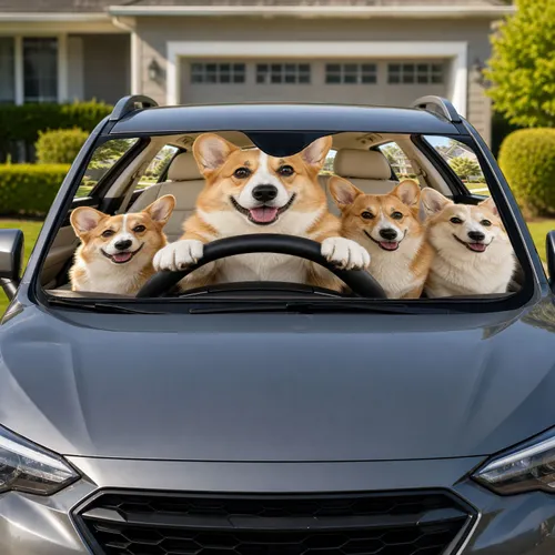 Smiling Pembroke Welsh Corgi Family Driving Scene For Dog Lovers And Summer Road Trips Car Sunshade