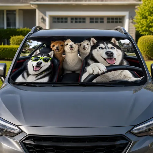 Smiling Husky And Alpaca Road Trip Crew For Dog Lovers And Summer Driving Adventures Car Sunshade
