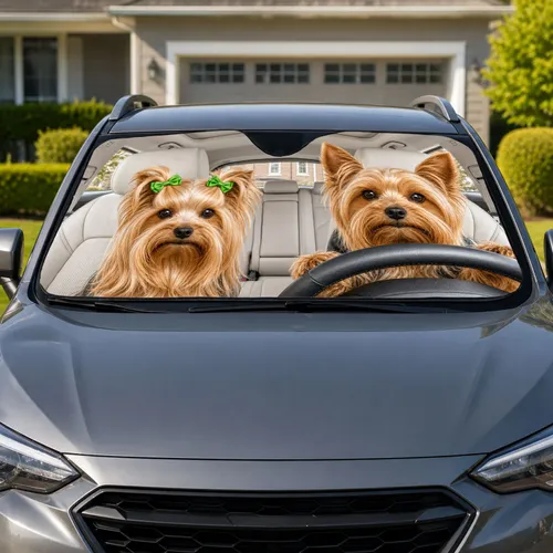 Yorkshire Terrier Duo Driving Scene for Happy Summer Road Trips and Daily Drives Car Sunshade