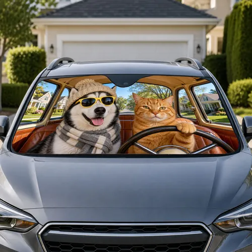 Husky And Orange Tabby In Vintage Cabin Road Trip Decor For Daily Pet Loving Drivers Car Sunshade