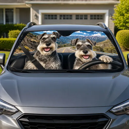 Smiling Miniature Schnauzers Mountain Road Travel Scene for Road Trips and Dog Lovers Car Sunshade