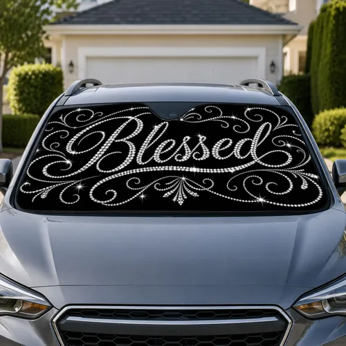 Blessed Rhinestone Script With Crystal Sparkles For Faith-Inspired Daily Commutes Car Sunshade
