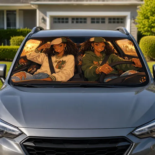 Stylish Black Twin Women Driving in Golden Sunset Light for Road Trips and Daily Commutes Car Sunshade