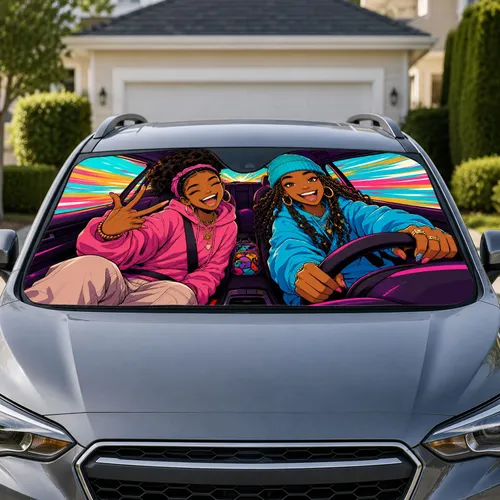 Joyful Black Teen Friends Driving for Road Trips Daily Commutes and Hip Hop Style Car Sunshade
