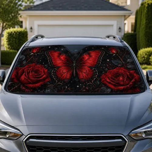 Red Rose Butterfly Gothic Floral For Dark Romantic Daily Drives And Alternative Style Car Sunshade