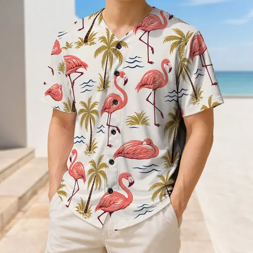 Coral Flamingo And Palm Beach Vacation Outfit For Tropical Coastal Getaways For Men Baseball Jersey