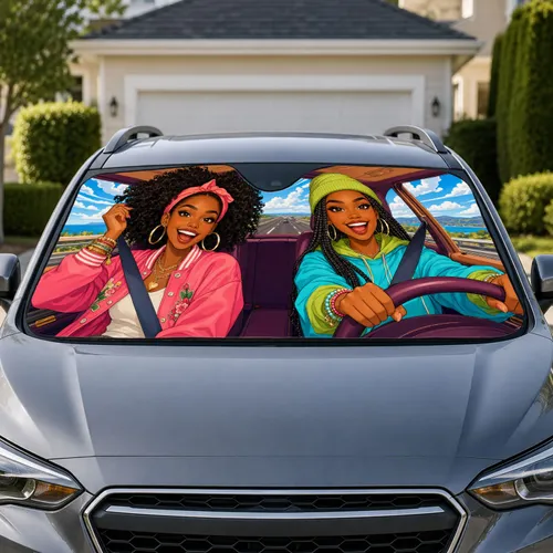 Joyful Black Women Road Trip Scene for Summer Driving and Girls Weekend Travel Car Sunshade