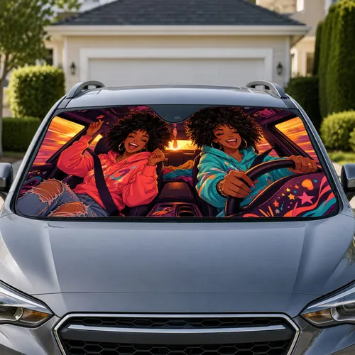 Joyful Black Women Road Trip Sunset Urban Anime Style Travel Accessory For Friends Car Sunshade