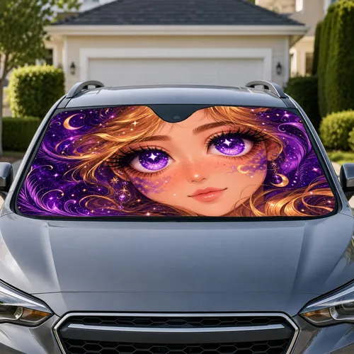 Violet Anime Girl Eyes Celestial Night Travel Accessory for Dreamy Daily Commutes Car Sunshade