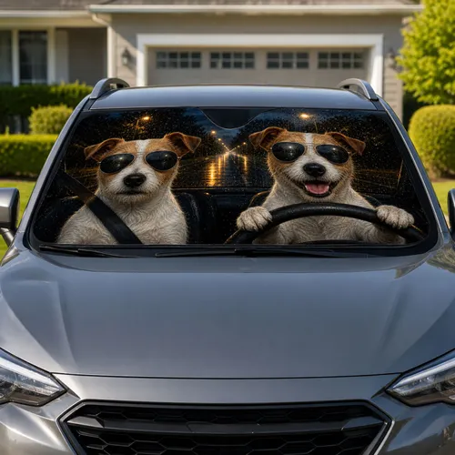 Terrier Dogs Driving Through Rainy Night Roads For Funny Pet Lover Weekend Road Trips Car Sunshade