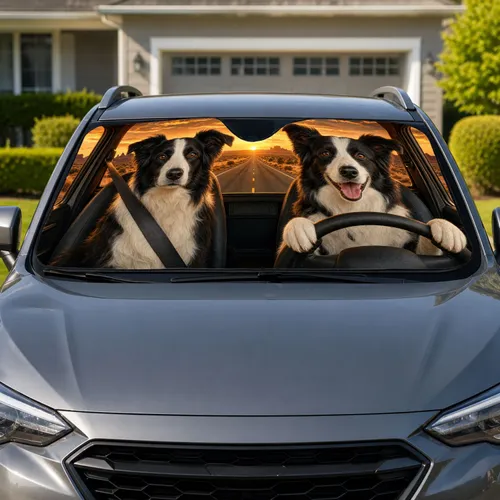 Realistic Border Collie Sunset Road Trip Scene for Dog Lovers and Adventure Travel Car Sunshade