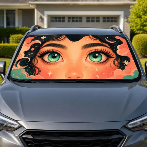 Big Eyed Peach Coral Face for Cute Daily Driving Decor and Gift for Women Drivers Car Sunshade
