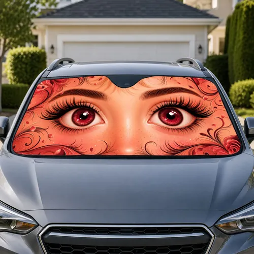 Big Eyed Cute Girl Face With Burgundy Lashes for Playful Daily Drives and Beauty Lovers Car Sunshade