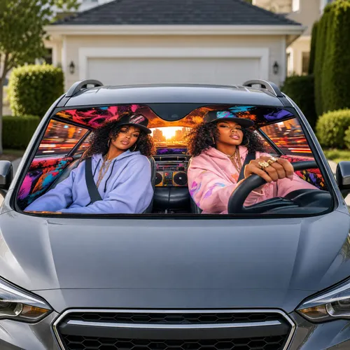 Urban Women Streetwear Graffiti Sunset City Scene for Daily Commutes and Road Trips Car Sunshade